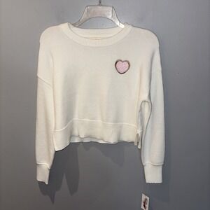 Jessica Simpson Ivory Crop Knit Sweater Heart Embroidery‎ Ribbed Trim Women's XS